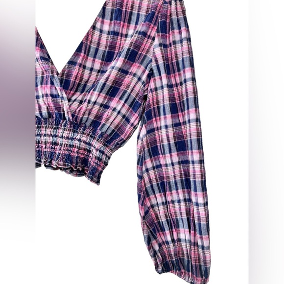 Zara wrapped checkered cropped shirt, XS, ballon sleeves, V-neck, V-Back Smocked - Picture 7 of 12